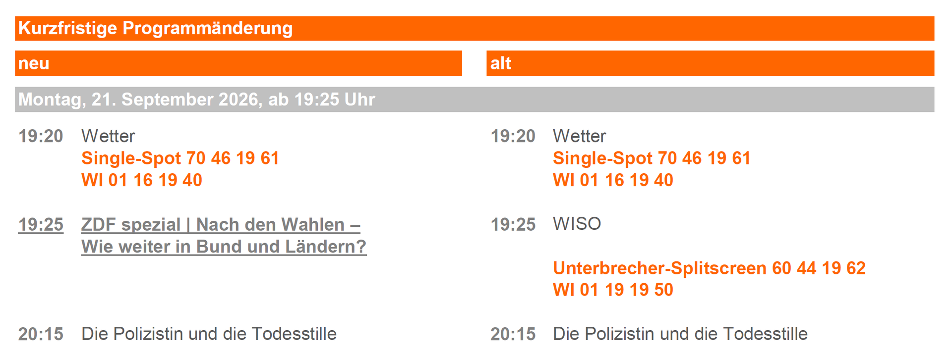 Programmänderung 21.09.2026 (© ZDF Werbefernsehen GmbH)