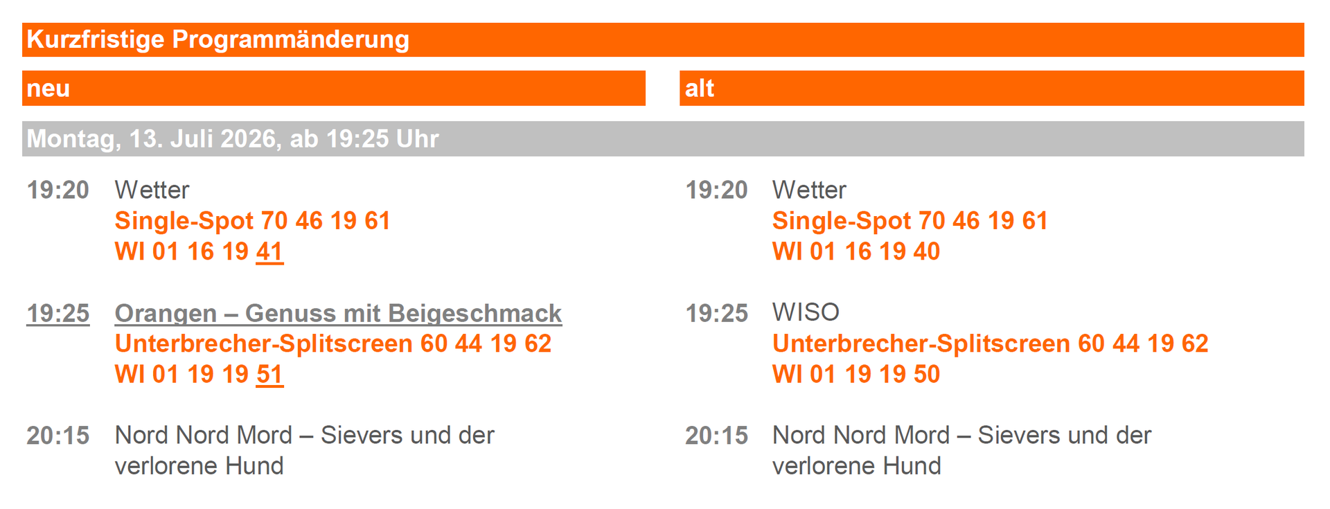 Programmänderung 13.07.2026 (© ZDF Werbefernsehen GmbH)