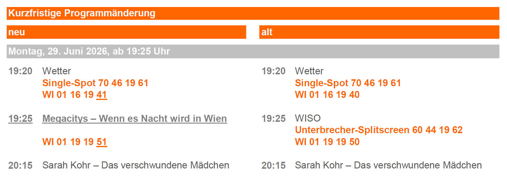 Programmänderung 29.06.2026 (© ZDF Werbefernsehen GmbH)