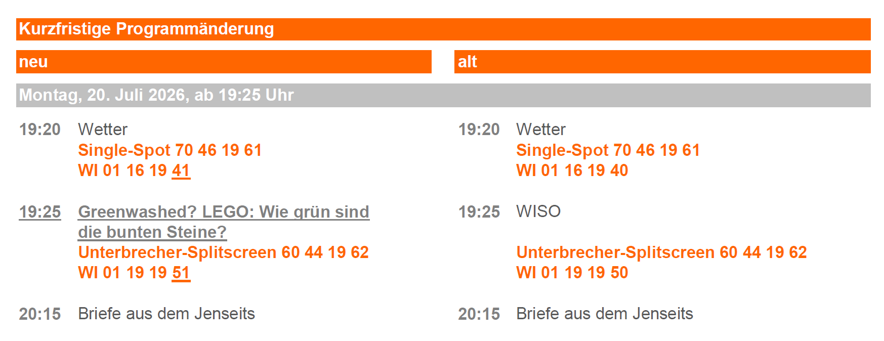 Programmänderung 20.07.2026 (© ZDF Werbefernsehen GmbH)