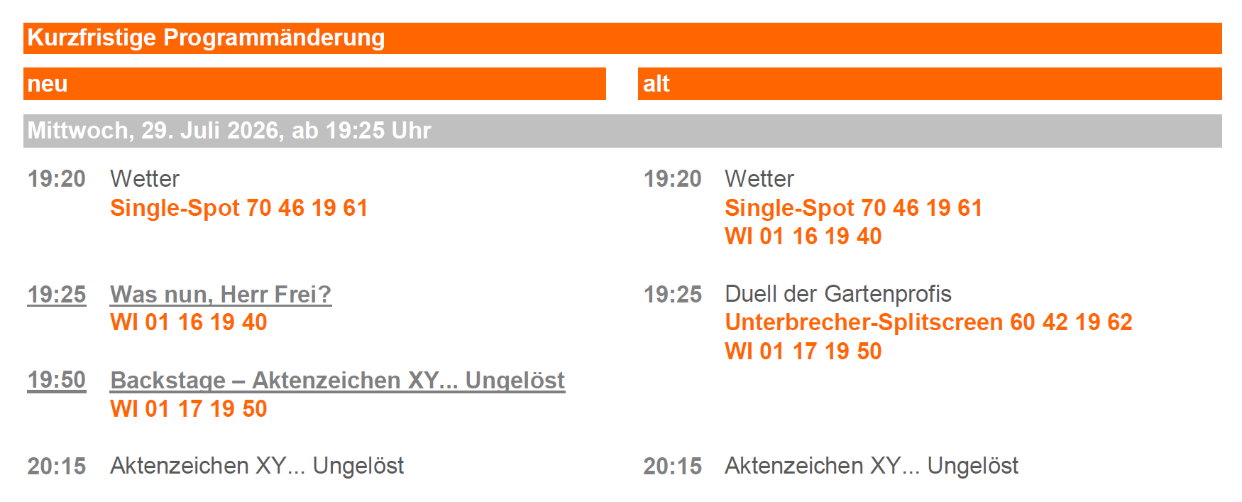 Programmänderung 29.07.2026 (© ZDF Werbefernsehen GmbH)